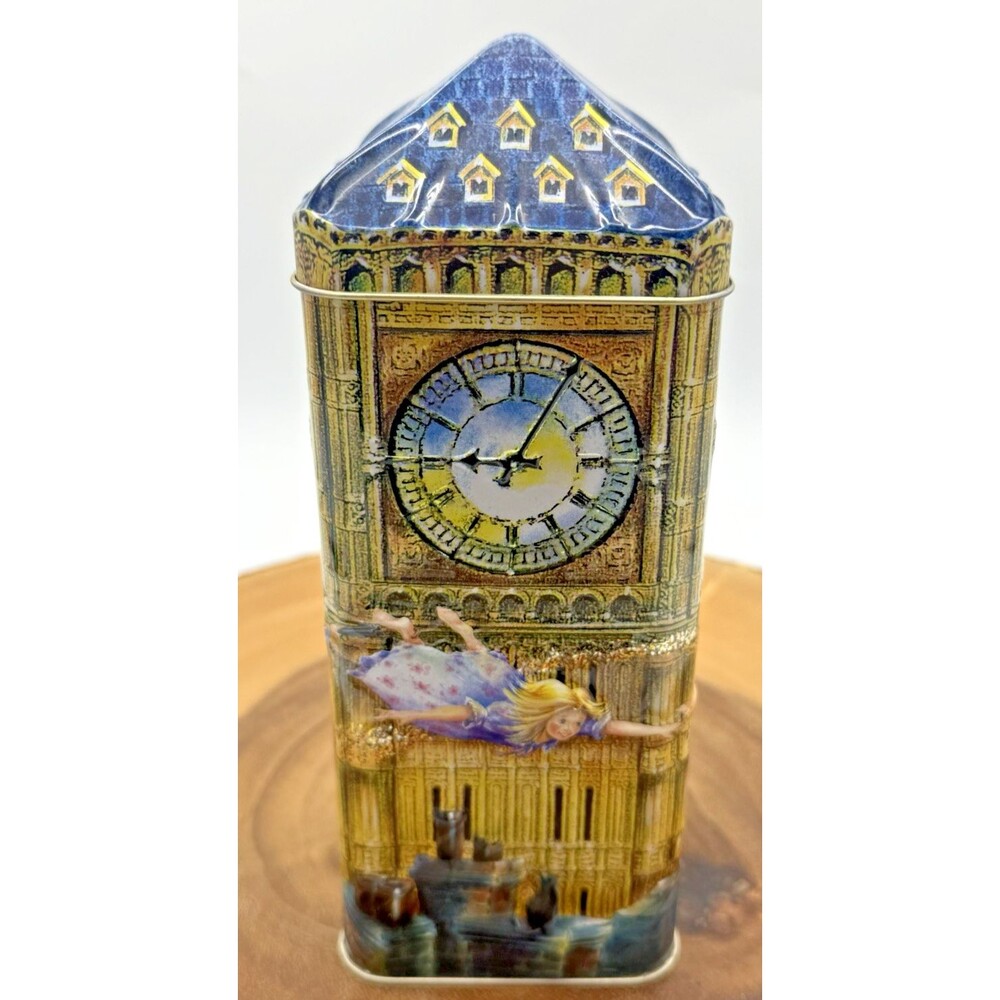 Vintage Churchill’s Peter Pan Big Ben Clock, Embossed Toffee Tin Coin Bank Box